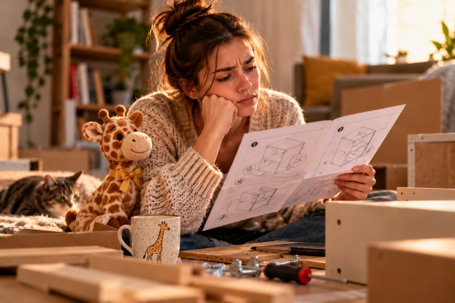Femeie care montează mobilier acasă, citind instrucțiunile, alături de o girafă de pluș și o cană cu girafă