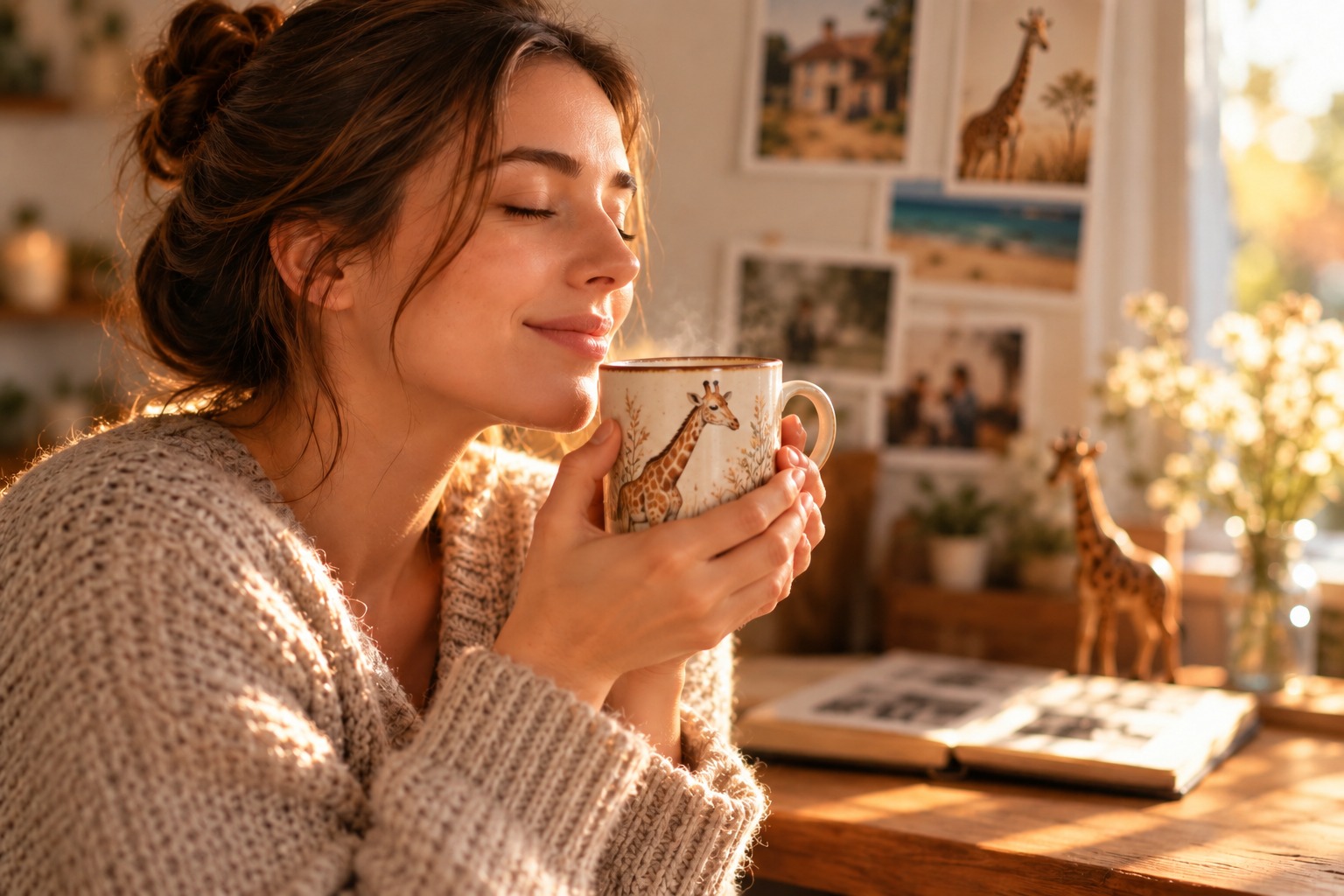 Femeie care simte aroma unei băuturi calde, cu elemente de girafă integrate în scenă, sugerând evocarea unei amintiri vechi