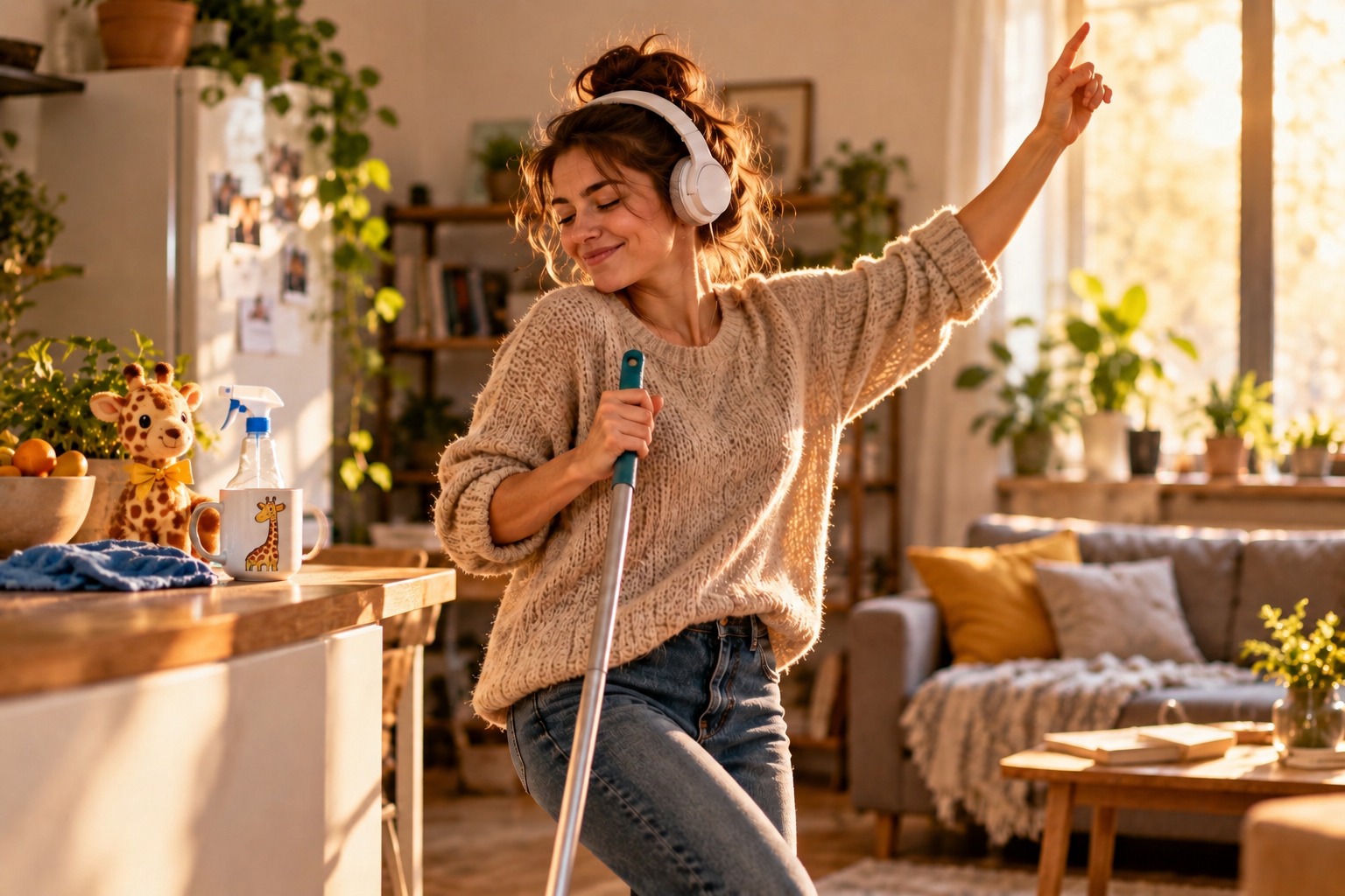Femeie care ascultă muzică la căști în timp ce face curățenie, cu o cană și o girafă integrate în scenă